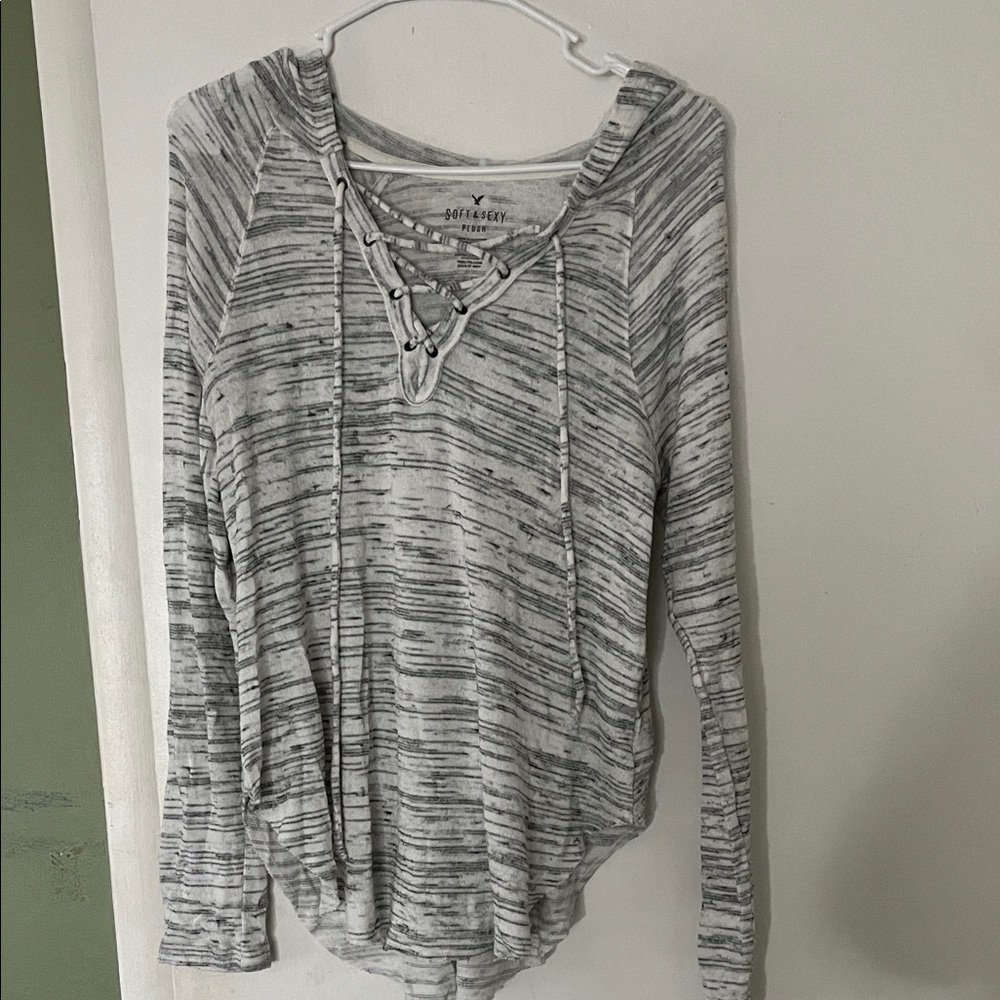 Soft and Sexy Gray Striped Lace-Up Hoodie